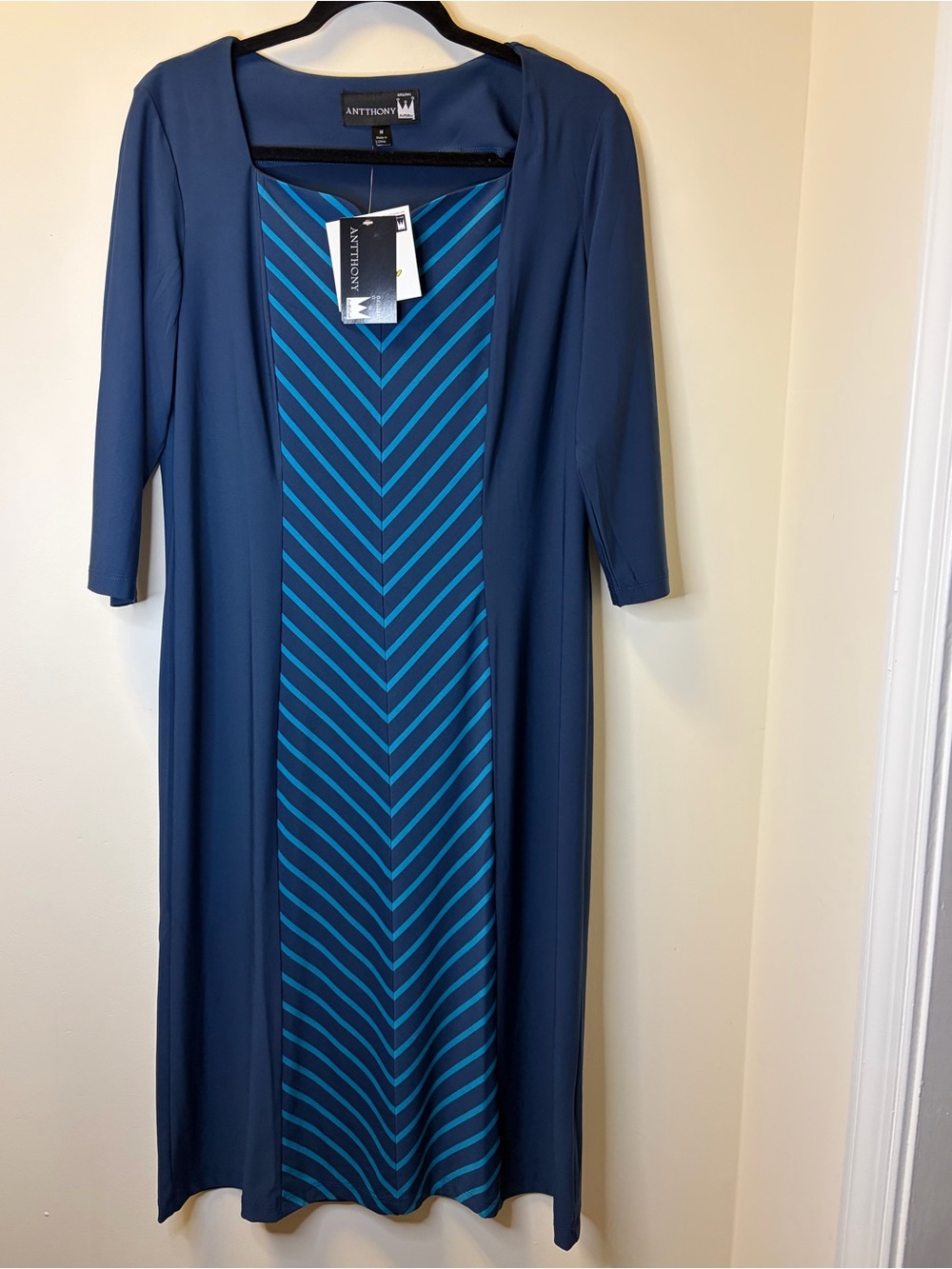 NWT Antthony Navy Dress with Teal Chevron Panel Size Medium